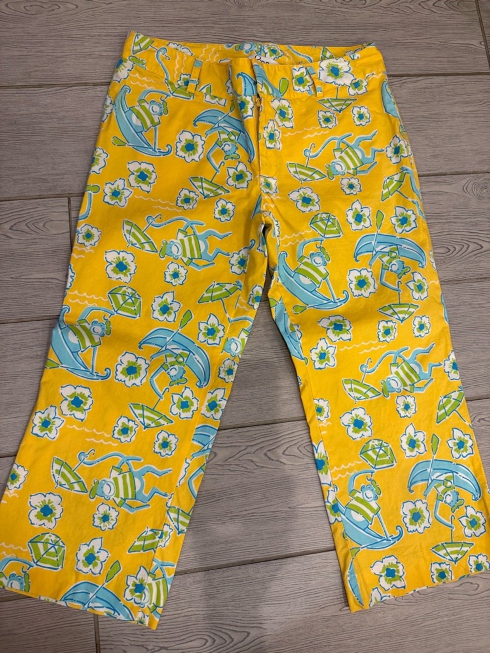 Lilly Pulitzer Yellow Floral Print Pants with Aqua Accents Les Monkey
